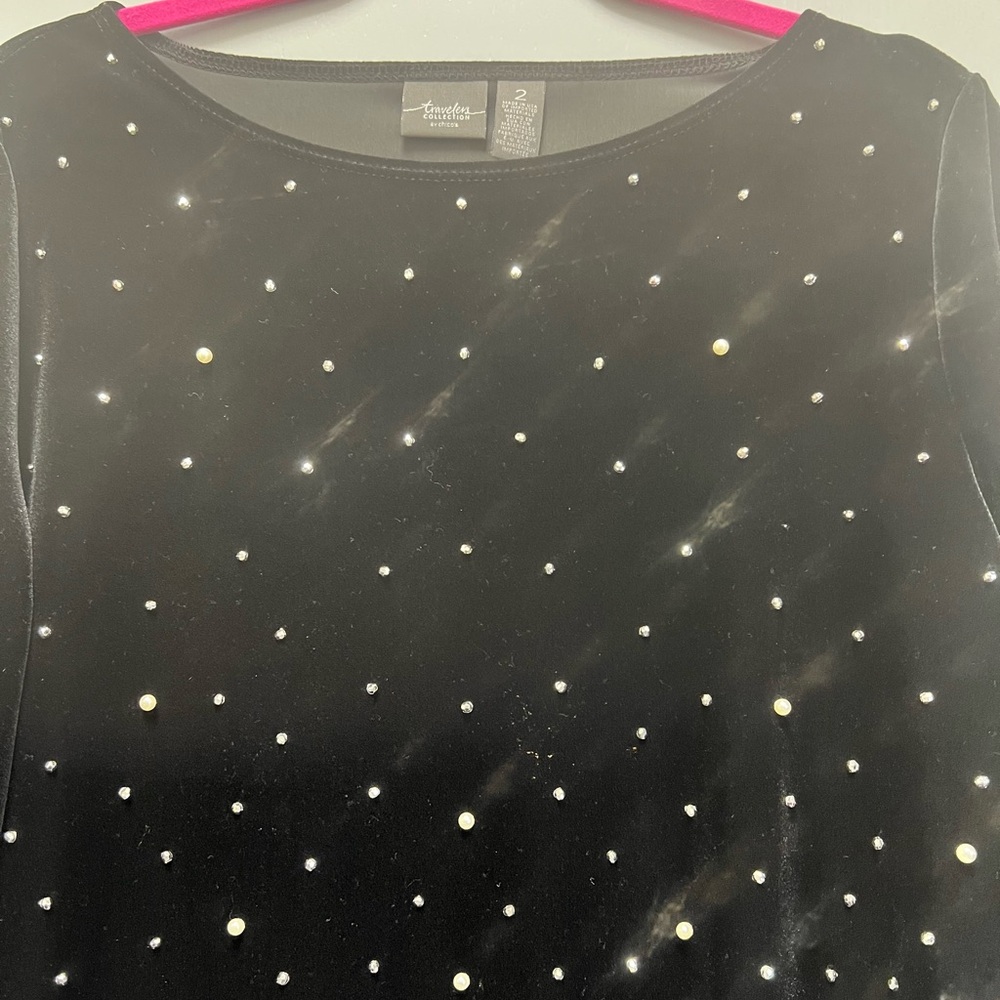 Chico's Black Velvet Blouse with Rhinestone Details